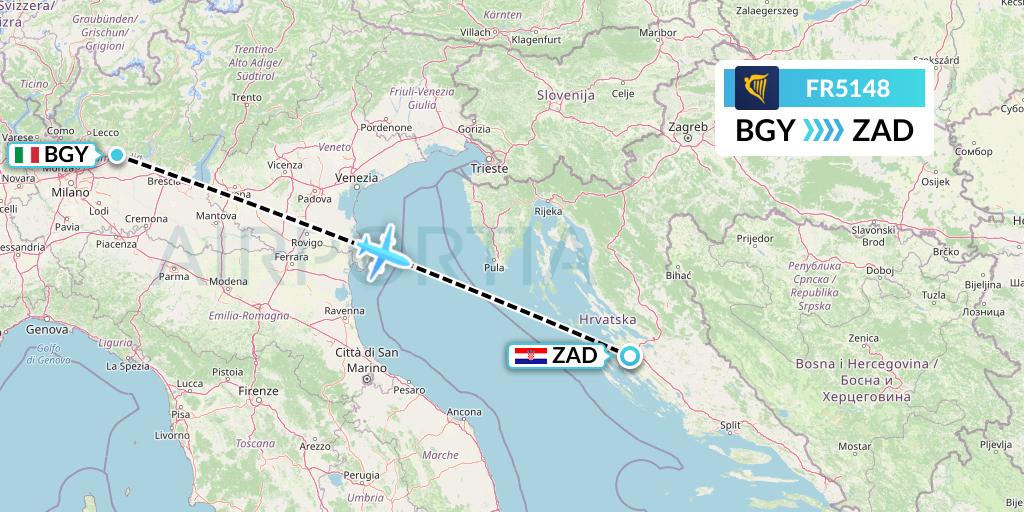 FR5148 Ryanair Flight Map: Milan to Zadar