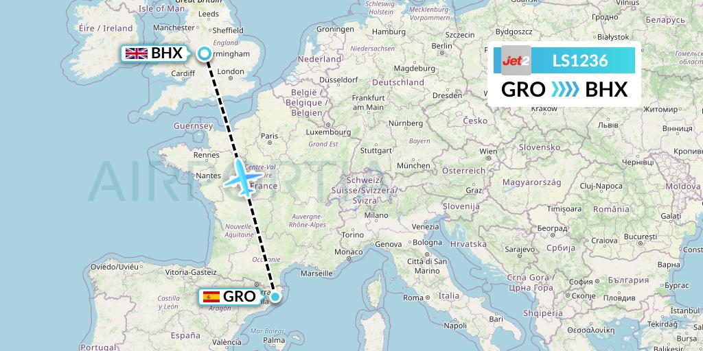 LS1236 Jet2 Flight Map: Girona to Birmingham