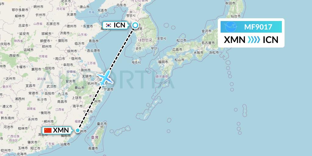 MF9017 Xiamen Airlines Flight Map: Xiamen to Seoul