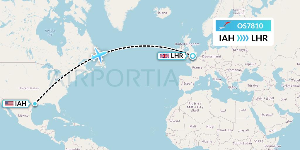 OS7810 Austrian Airlines Flight Map: Houston to London