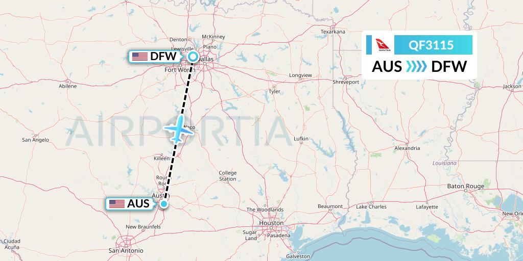 QF3115 Qantas Flight Map: Austin to Dallas