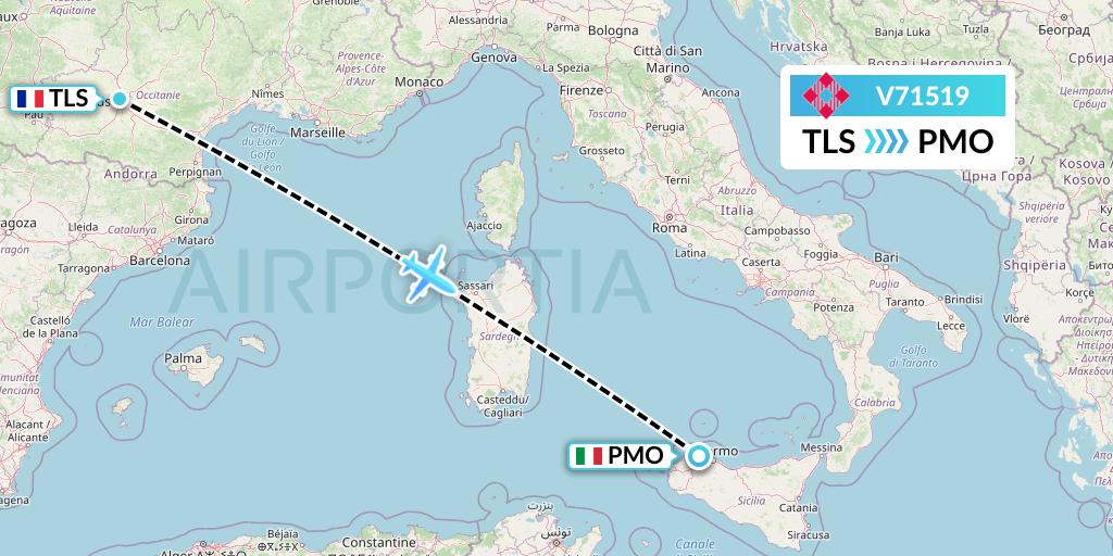 V71519 Volotea Flight Map: Toulouse to Palermo