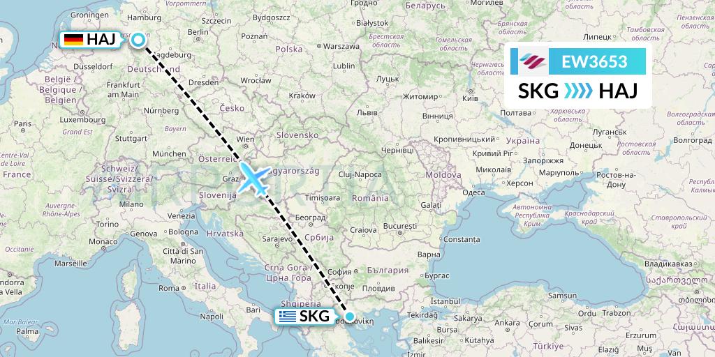 EW3653 Eurowings Flight Map: Thessaloniki to Hannover