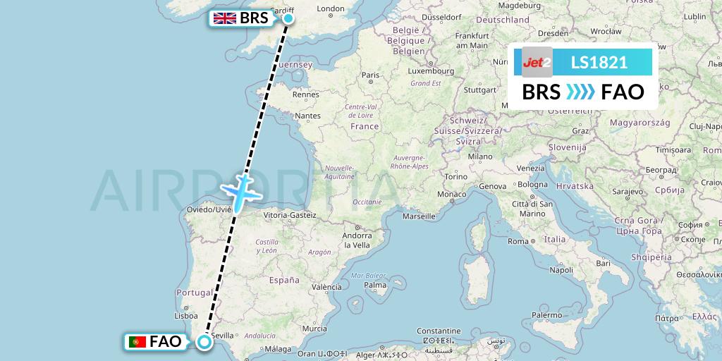 LS1821 Jet2 Flight Map: Bristol to Faro