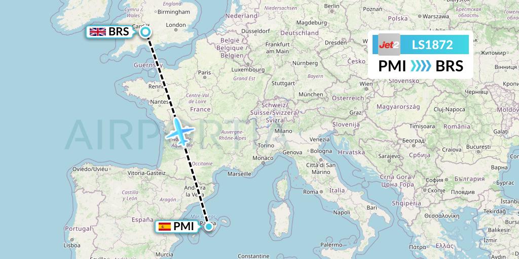 LS1872 Jet2 Flight Map: Palma de Mallorca to Bristol