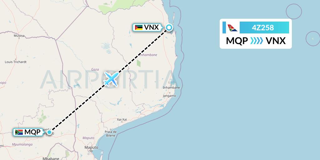 4Z258 Airlink Flight Map: Nelspruit to Vilankulo