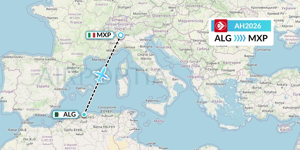 AH2026 Air Algerie Flight Map: Algiers to Milan