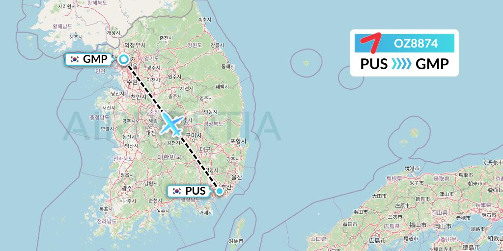 OZ8874 Asiana Airlines Flight Map: Busan to Seoul