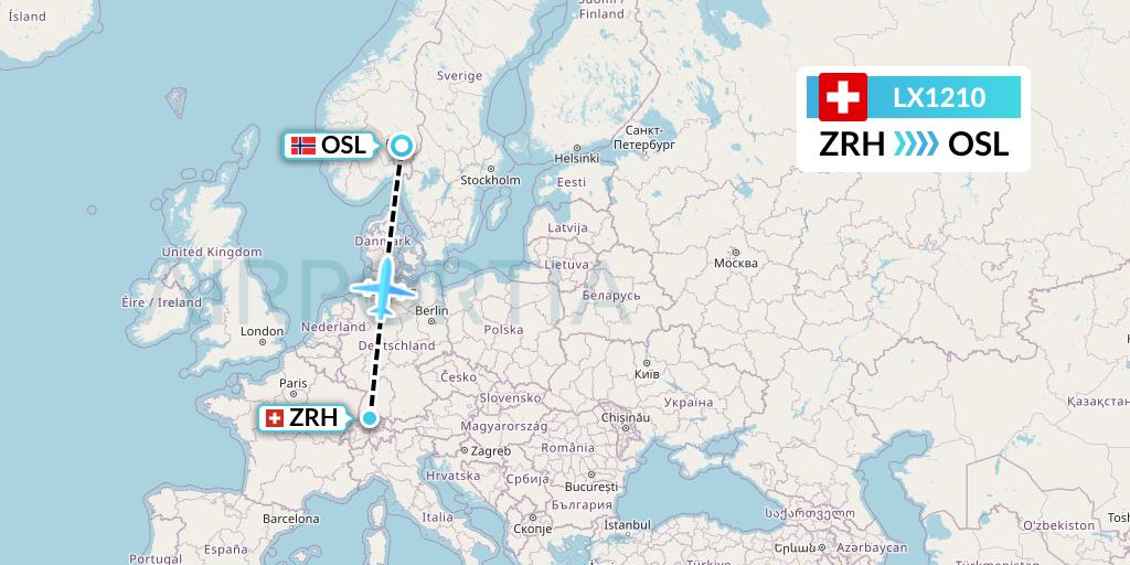 LX1210 Swiss Flight Map: Zurich to Oslo
