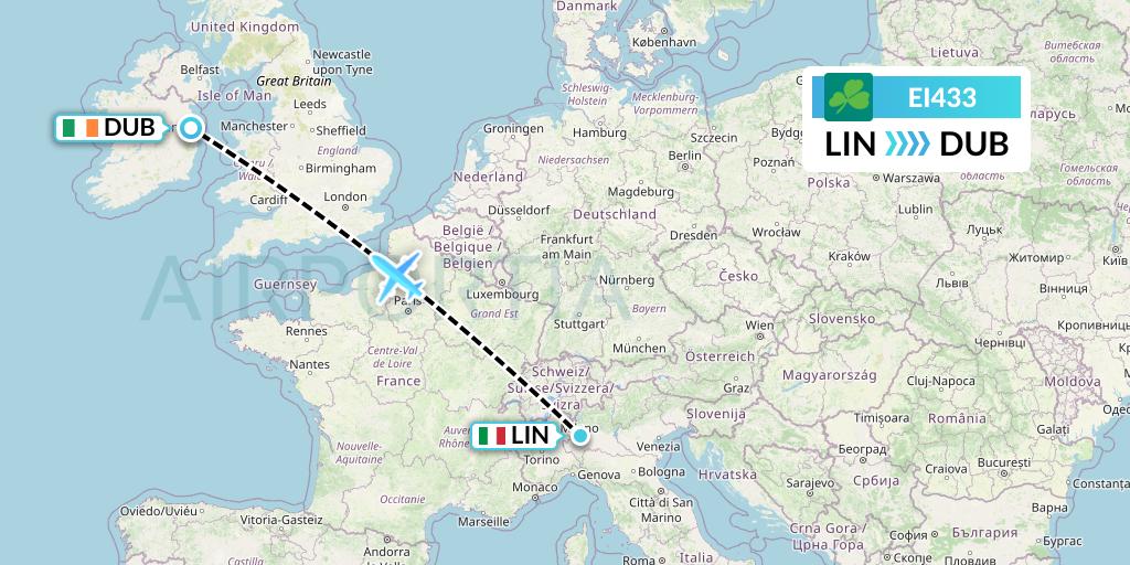 EI433 Aer Lingus Flight Map: Milan to Dublin