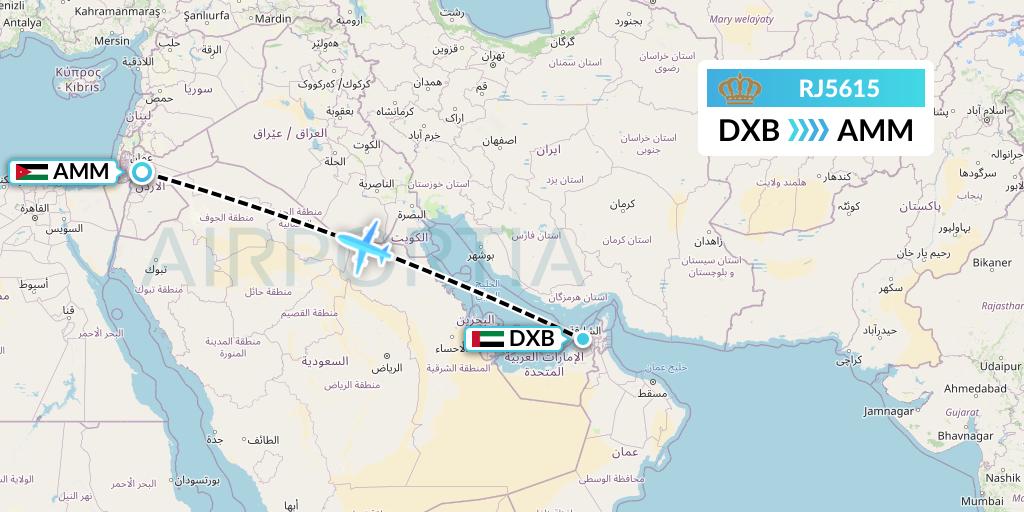 RJ5615 Royal Jordanian Flight Map: Dubai to Amman