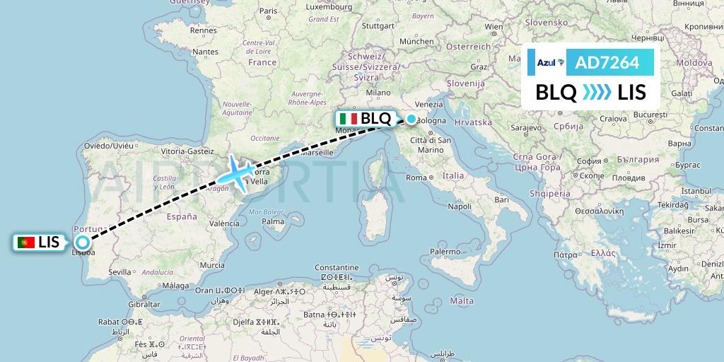 AD7264 Azul Brazilian Airlines Flight Map: Bologna to Lisbon