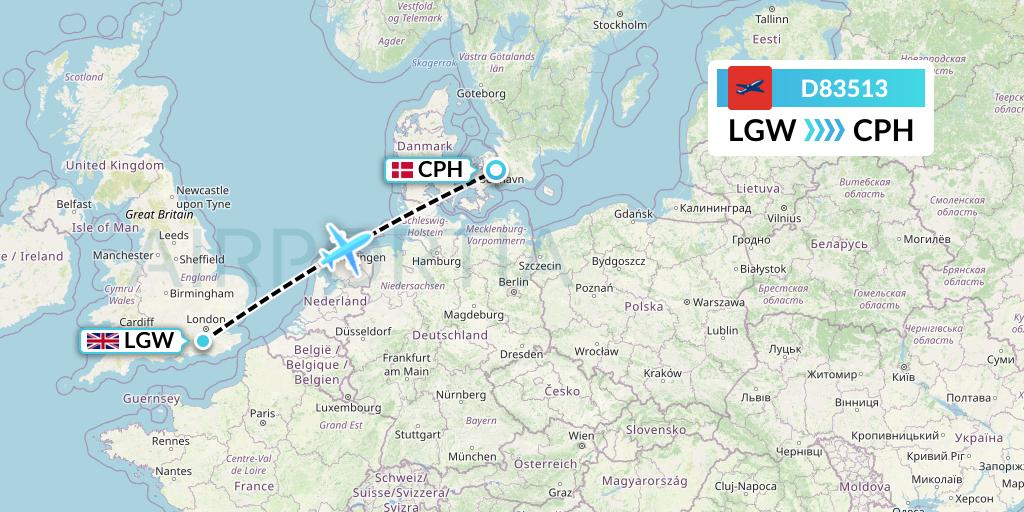 D83513 Norwegian Air International Flight Map: London to Copenhagen