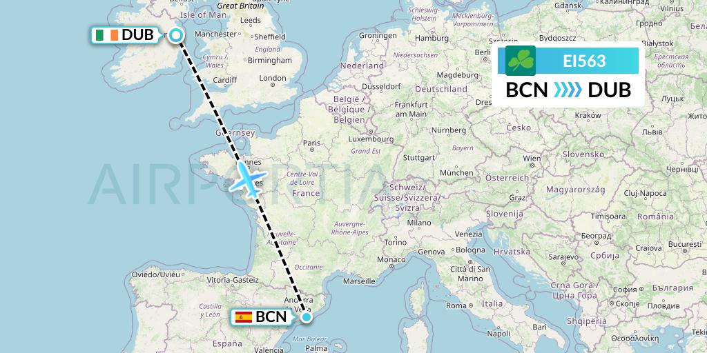 EI563 Aer Lingus Flight Map: Barcelona to Dublin
