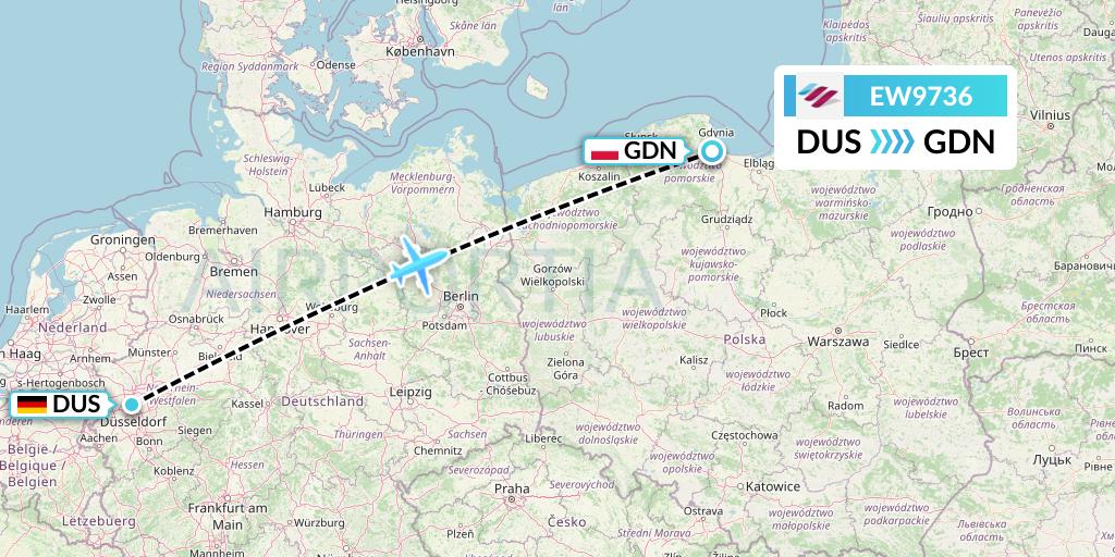 EW9736 Eurowings Flight Map: Dusseldorf to Gdansk