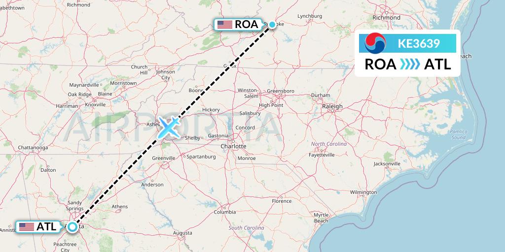 KE3639 Korean Air Flight Map: Roanoke to Atlanta