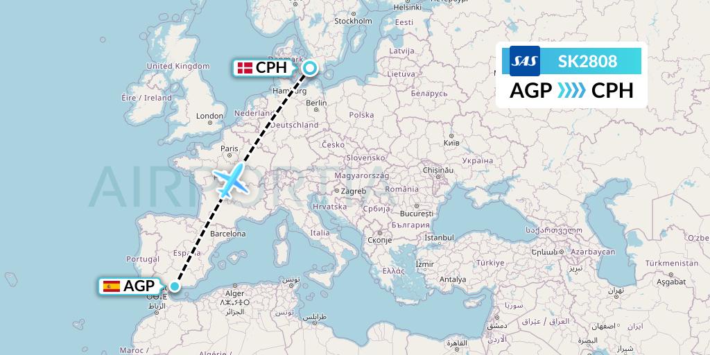 SK2808 SAS Flight Map: Malaga to Copenhagen