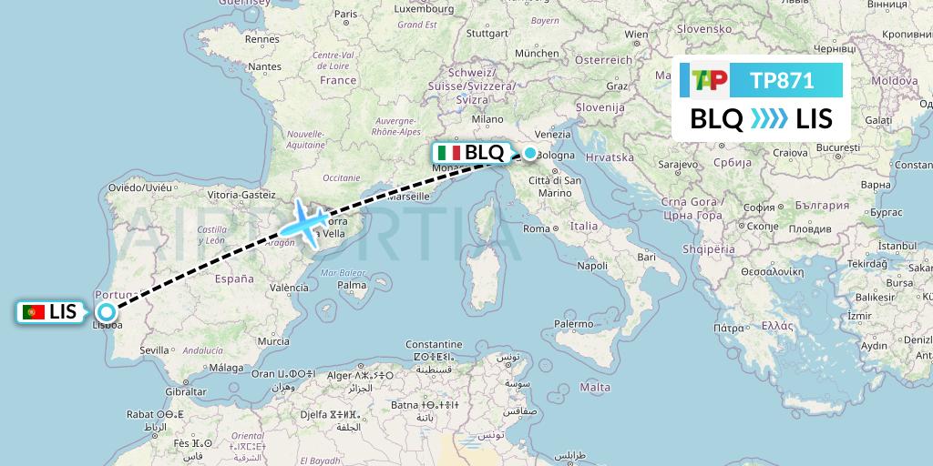 TP871 TAP Portugal Flight Map: Bologna to Lisbon