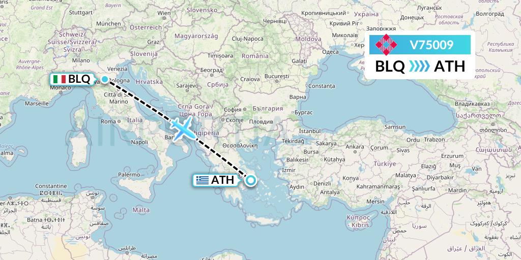 V75009 Volotea Flight Map: Bologna to Athens