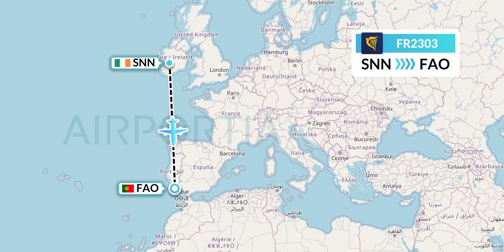 FR2303 Ryanair Flight Map: Shannon to Faro