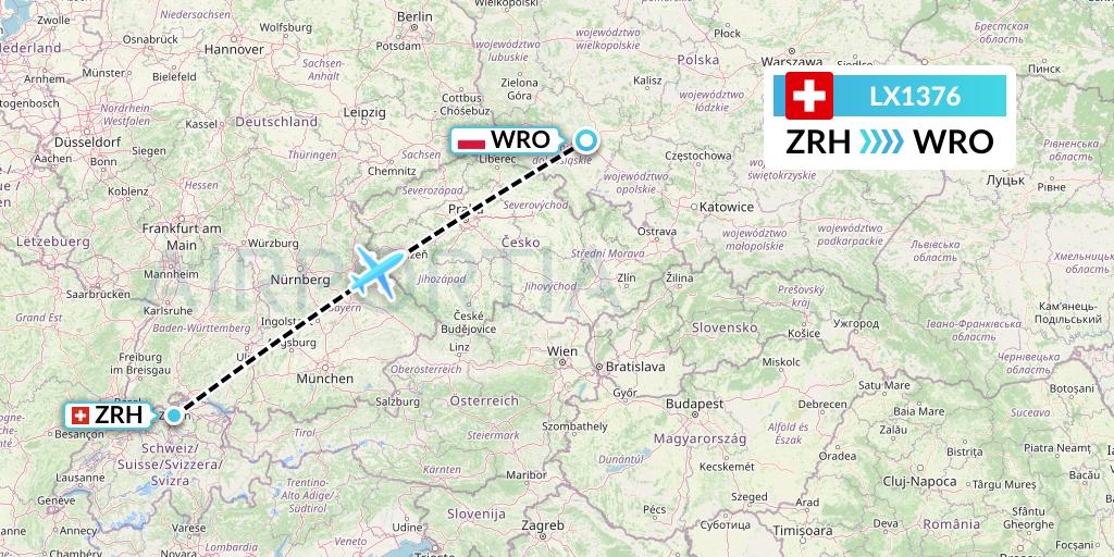 LX1376 Swiss Flight Map: Zurich to Wroclaw