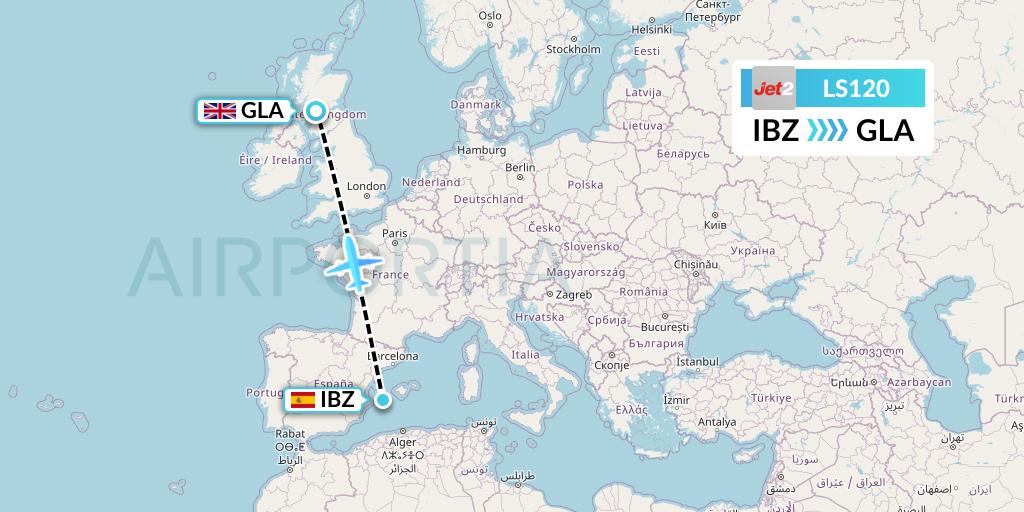 LS120 Jet2 Flight Map: Ibiza to Glasgow