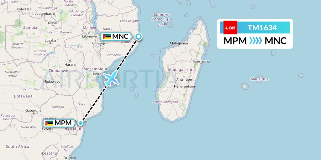 TM1634 LAM Mozambique Airlines Flight Map: Maputo to Nacala