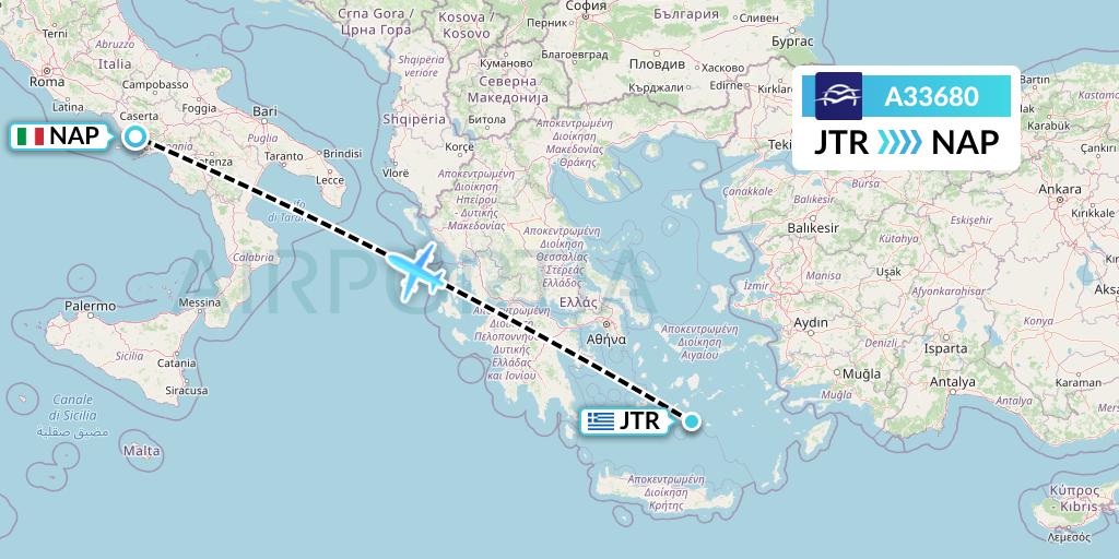 A33680 Aegean Airlines Flight Map: Santorini to Naples