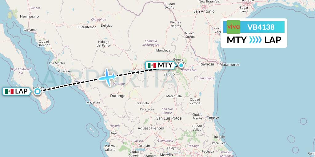 VB4138 VivaAerobus Flight Map: Monterrey to La Paz