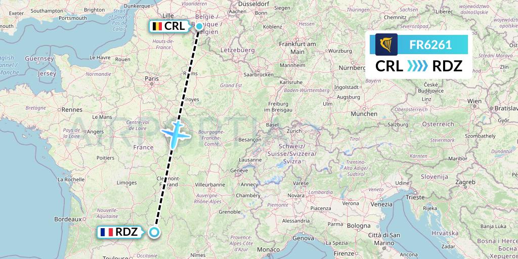 FR6261 Ryanair Flight Map: Brussels to Rodez