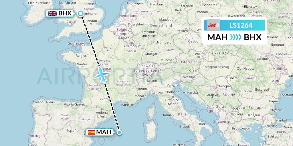 LS1264 Jet2 Flight Map: Mahon to Birmingham