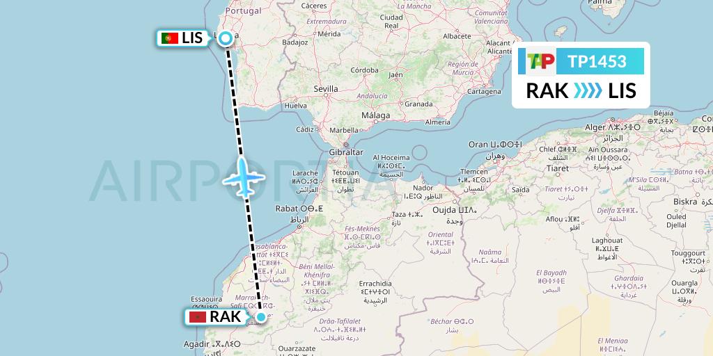 TP1453 TAP Portugal Flight Map: Marrakesh to Lisbon