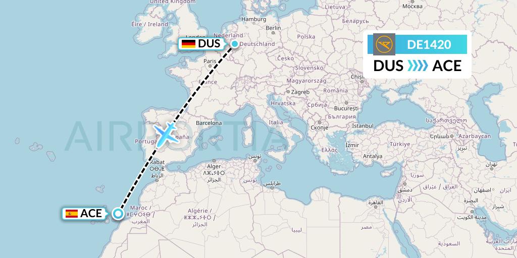 DE1420 Condor Flight Map: Dusseldorf to Lanzarote