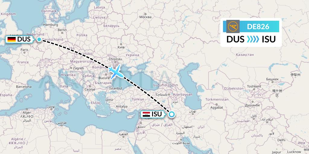 DE826 Condor Flight Map: Dusseldorf to Sulaimaniyah
