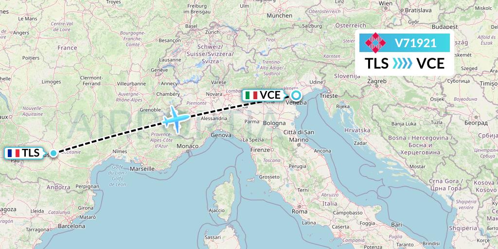V71921 Volotea Flight Map: Toulouse to Venice