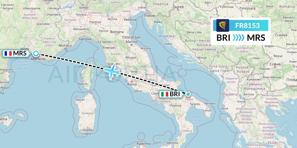 FR8153 Ryanair Flight Map: Bari to Marseille