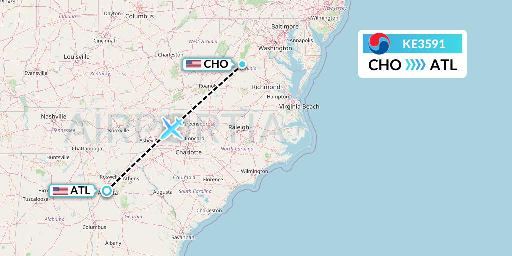 KE3591 Korean Air Flight Map: Charlottesville to Atlanta