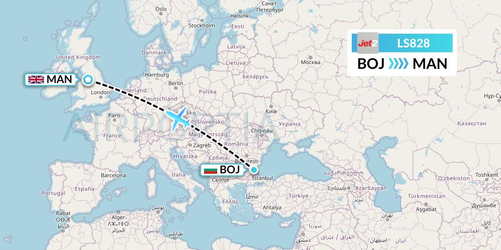 LS828 Jet2 Flight Map: Burgas to Manchester