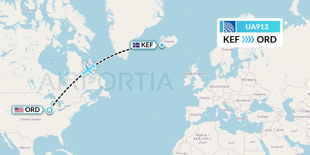UA913 United Airlines Flight Map: Reykjavik to Chicago
