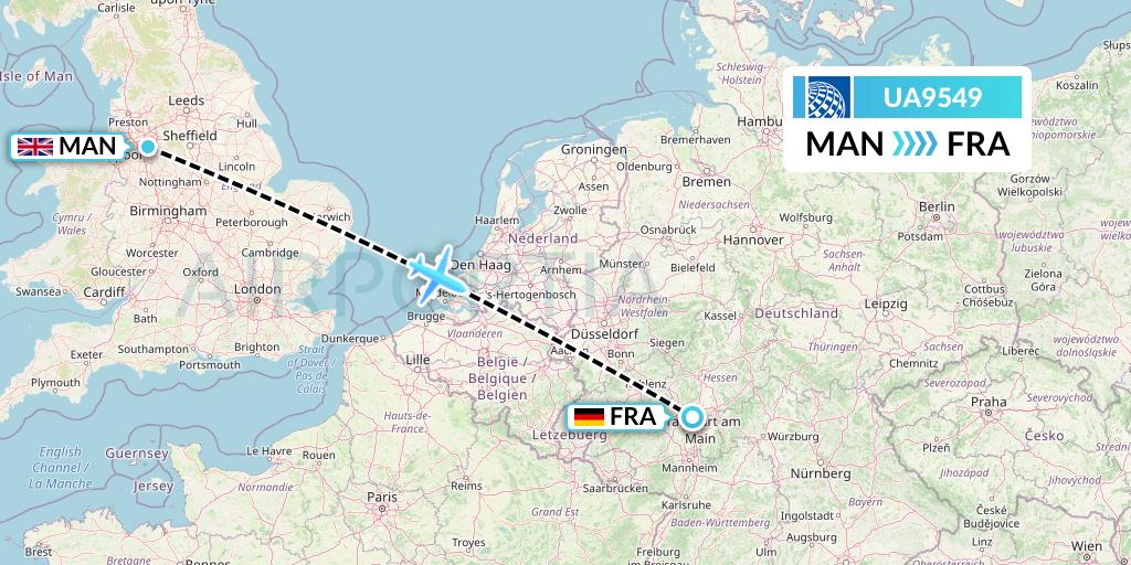 UA9549 United Airlines Flight Map: Manchester to Frankfurt