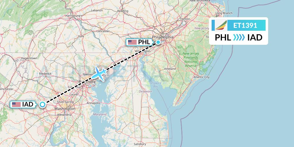 ET1391 Ethiopian Airlines Flight Map: Philadelphia to Washington