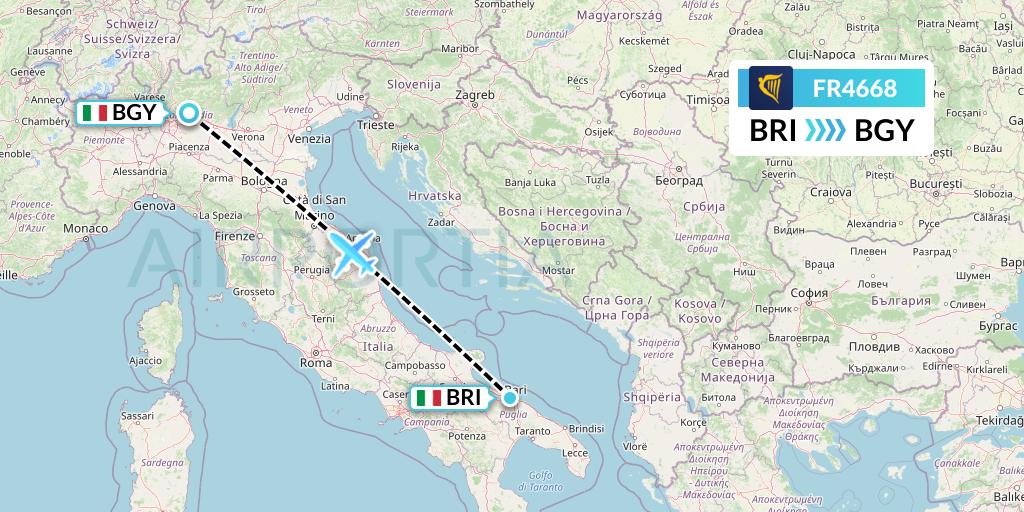 FR4668 Ryanair Flight Map: Bari to Milan