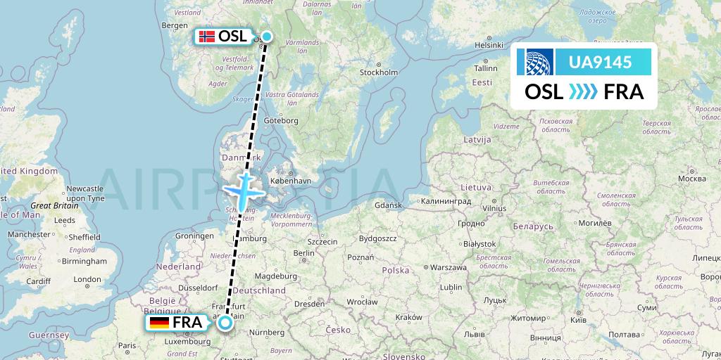 UA9145 United Airlines Flight Map: Oslo to Frankfurt