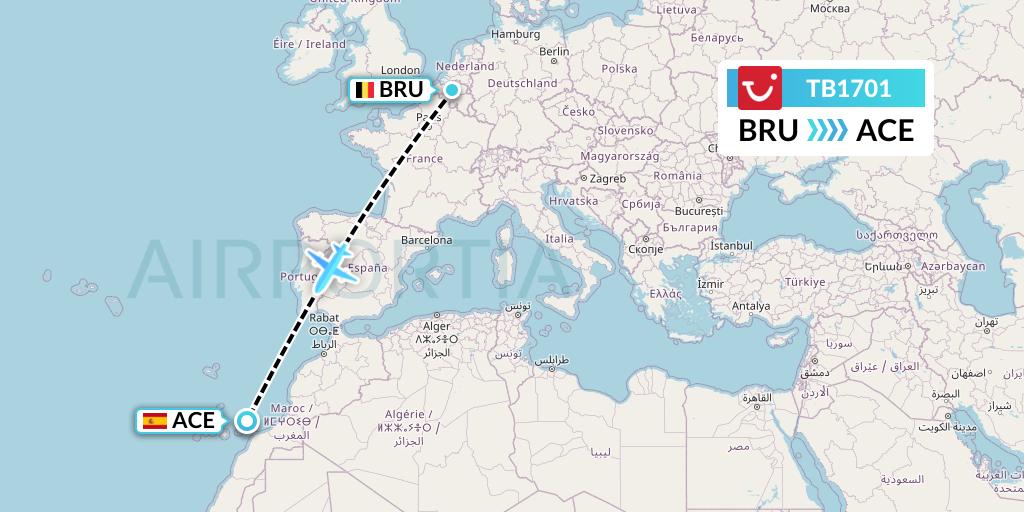 TB1701 TUI fly Belgium Flight Map: Brussels to Lanzarote