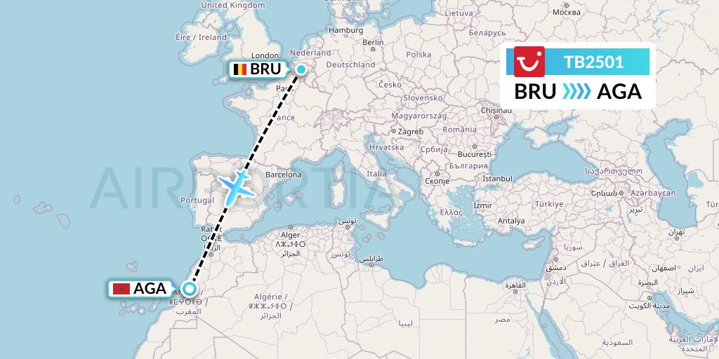 TB2501 TUI fly Belgium Flight Map: Brussels to Agadir