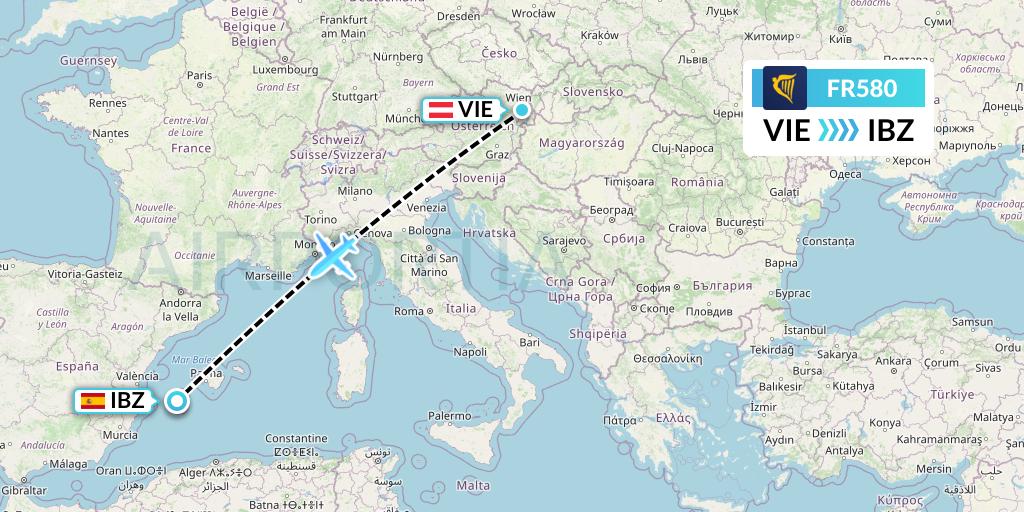 FR580 Ryanair Flight Map: Vienna to Ibiza