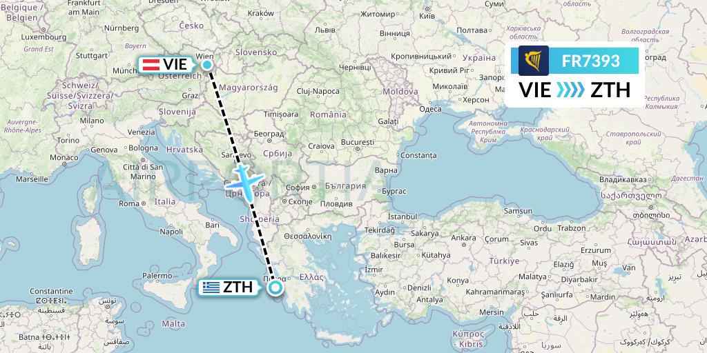 FR7393 Ryanair Flight Map: Vienna to Zakynthos