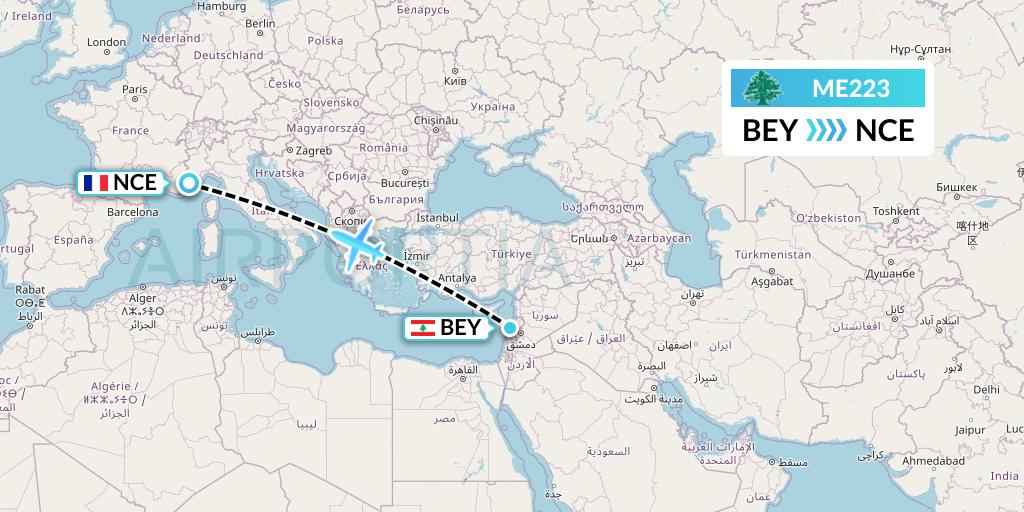 ME223 MEA Flight Map: Beirut to Nice