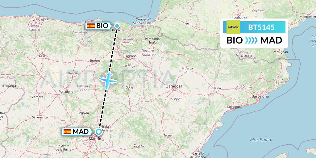 BT5145 Air Baltic Flight Map: Bilbao to Madrid