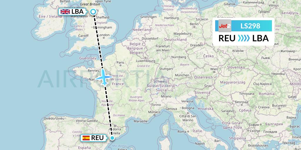 LS298 Jet2 Flight Map: Reus to Leeds